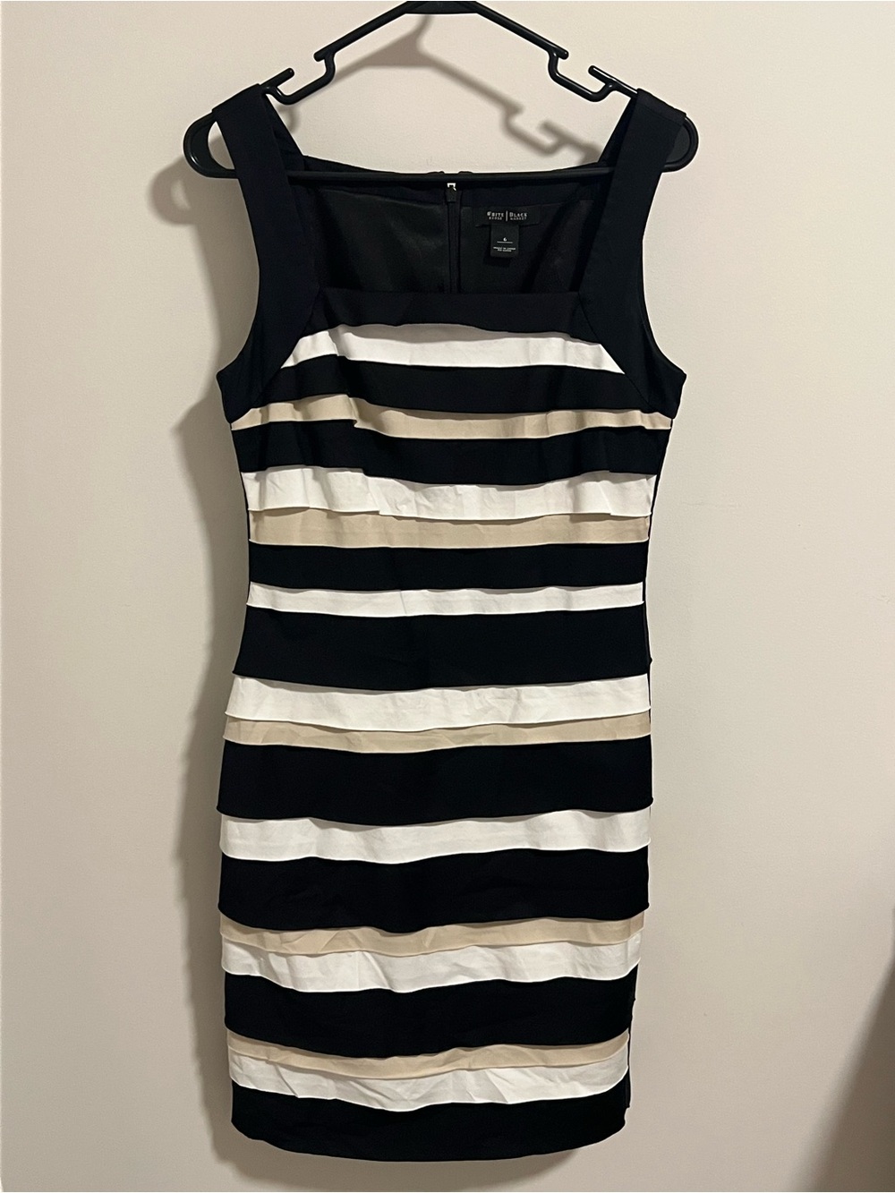 White House Black Market Dress - Black, White, Tan Striped Sheath Dress. Size 6